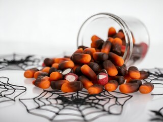 Vibrant orange, black, white Halloween candy spilling from glass jar onto spiderweb-decorated clear blank white background, perfect for festive autumn themes