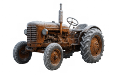 Old rusty tractor covered in snow during winter