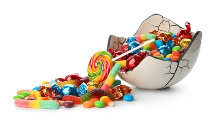 Vibrant assortment of colorful candies overflowing from a cracked ceramic egg, isolated on a pristine white background, a delightful celebration of sweet treats