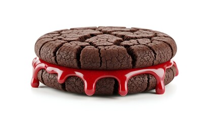 Chocolate sandwich cookie with bright red filling, isolated on white background