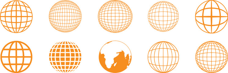 Collection of Orange Globe Icons with Grid and Continent Designs
