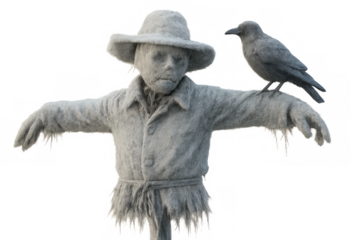 Furry gray halloween scarecrow with crow