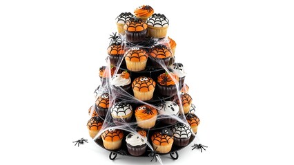 Festive Halloween Cupcake Tower with Spooky Spiderweb and Eye Candy Delights