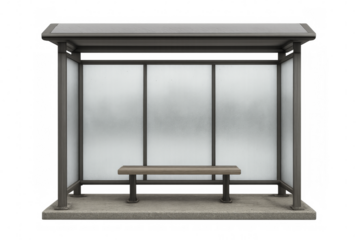 Bus stop shelter with empty bench, transparent background