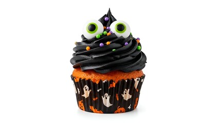 Spooky Halloween cupcake decorated with black frosting, candy googly eyeballs, and colorful sprinkles, isolated on a clear white background