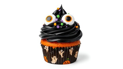 Spooky Halloween Cupcake with Googly Eyes and Black Frosting