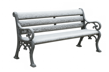 Park bench covered with snow in winter, transparent background