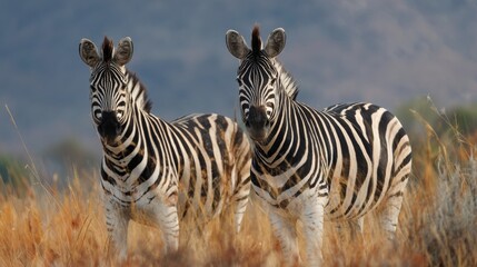 Fototapeta premium Two plains zebras grazing in their natural savanna habitat in south africa, detailed wildlife vector illustration of african safari animals, nature and conservation design