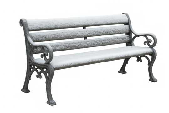 Park bench covered with snow in winter, transparent background