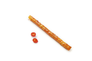 Spicy Wei Long Gluten Stick Chinese Snack with Red Chili Peppers on White Background