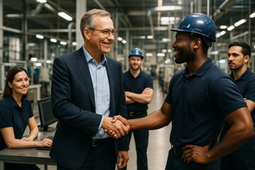 Business executive shaking hands with factory worker in industrial setting, surrounded by smiling team in a bright modern background. Ai generative