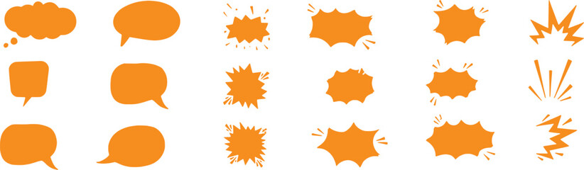 Collection of Orange Speech Bubbles and Explosion Shapes on White Background