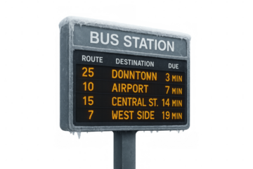 Bus station schedule sign displaying winter transportation data