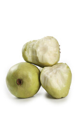 Fresh Green Guava Fruit Whole and Sliced on White Background