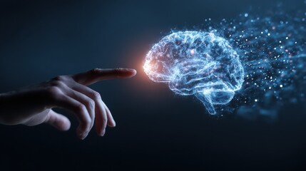 Human hand touching digital brain hologram, artificial intelligence and machine learning concept, innovation