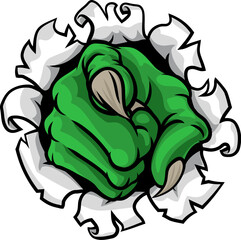 Cartoon Halloween illustration of monster claw hand with sharp nails or talons, pointing directly at viewer.