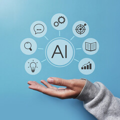 Futuristic Artificial Intelligence Infographic with Icons for Communication, Strategy, and Knowledge