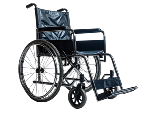 A dark-grey, metal wheelchair with a padded seat and backrest, large rear wheels, and smaller front casters, isolated on a black background