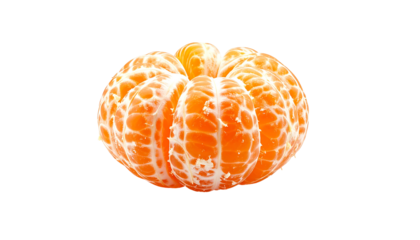 Peeled mandarin orange, segments intact, showing white pith and juicy flesh against a black background