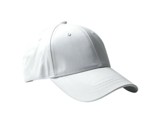 Plain white baseball cap, structured, six-panel design, slightly curved brim, simple stitching, clean, unadorned, classic style