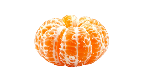 Peeled mandarin orange, segments intact, showing white pith and juicy flesh against a black background