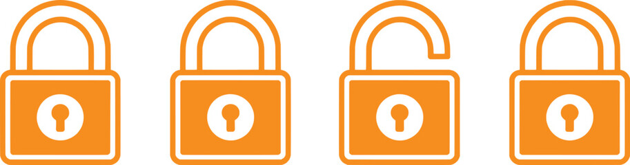 Four Orange Padlocks: Two Locked, One Unlocked, One Locked Again