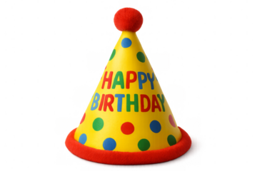 Yellow party hat with happy birthday text and polka dots
