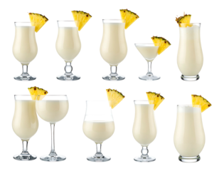 Ten creamy, pineapple-garnished cocktails in various hurricane and coupe glasses, showcasing differing sizes and fill levels against a black background