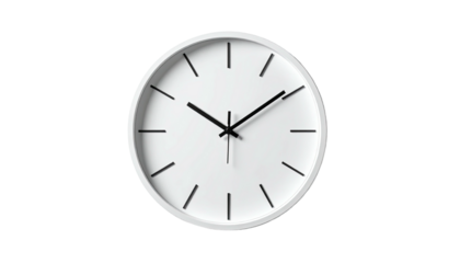 A minimalist white analog wall clock with black hands and hour markers on a black background, displaying a time shortly before 3 o'clock