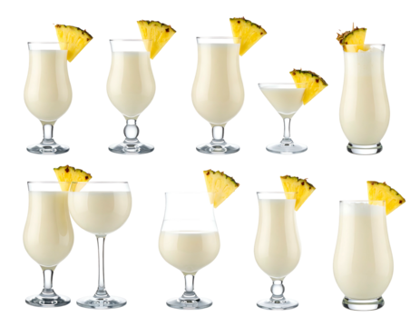 Ten creamy, pineapple-garnished cocktails in various hurricane and coupe glasses, showcasing differing sizes and fill levels against a black background