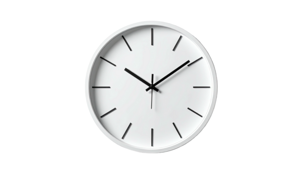 A minimalist white analog wall clock with black hands and hour markers on a black background, displaying a time shortly before 3 o'clock