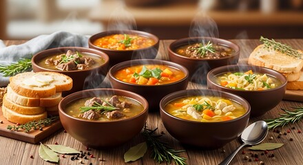 Assortment of Hearty Soups in Bowls with Bread and Herbs.