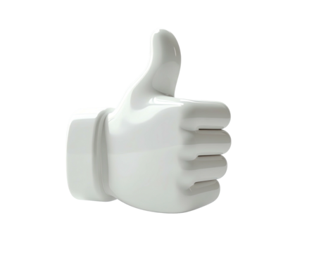 A 3D-rendered white, glossy thumbs-up gesture, isolated on a black background;  smooth, rounded surfaces and subtle shadows