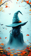 Halloween fantasy illustration of beautiful young witch in green hat, surrounded by autumn leaves, mystical portrait artwork, enchanted spooky seasonal concept
