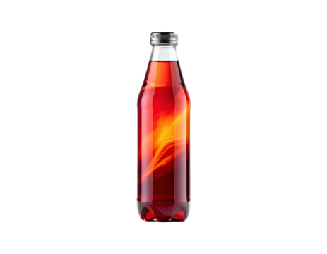 Transparent glass bottle filled with a reddish-orange carbonated beverage, showing light refraction effects