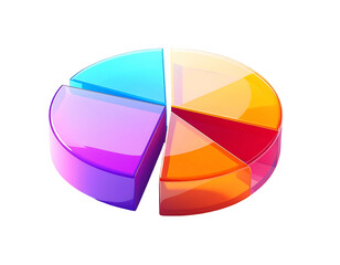 Obraz premium A vibrant, 3D pie chart with four sections in shades of blue, purple, orange, and red, exhibiting a glossy, reflective surface