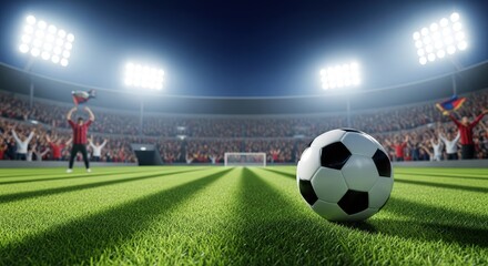 Obraz premium A soccer ball sits on the field in a stadium filled with cheering fans under bright stadium lights on a clear night