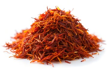 Fototapeta premium A pile of vibrant red saffron threads on a white background