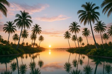 Obraz premium Tropical palm tree landscape with sunset over calm river reflecting vibrant sky and trees, peaceful paradise atmosphere captured in soft light. Ai generative