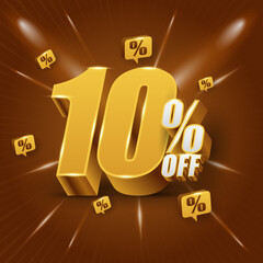 10 percent off, discount concept, or bonus. Promotional price with 3D illustration of golden numerals.