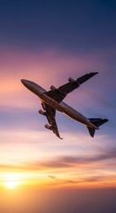Airplane Soaring Above Sunset.