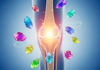 Human knee joint with colorful crystals around it, concept for joint pain, arthritis, and joint health and supplements