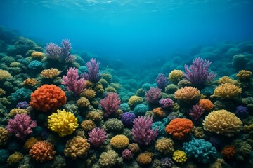 Naklejka premium Colorful coral reef underwater scene with vibrant marine life and clear blue ocean background, representing marine biodiversity concept. Ai generative