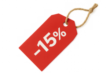 Red percent off price tag having 15 percent discount