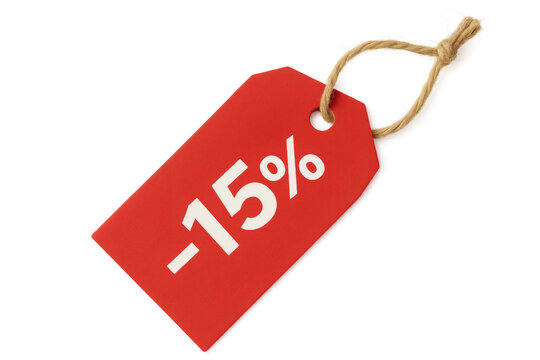 Red percent off price tag having 15 percent discount