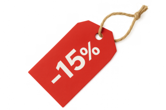 Red percent off price tag having 15 percent discount