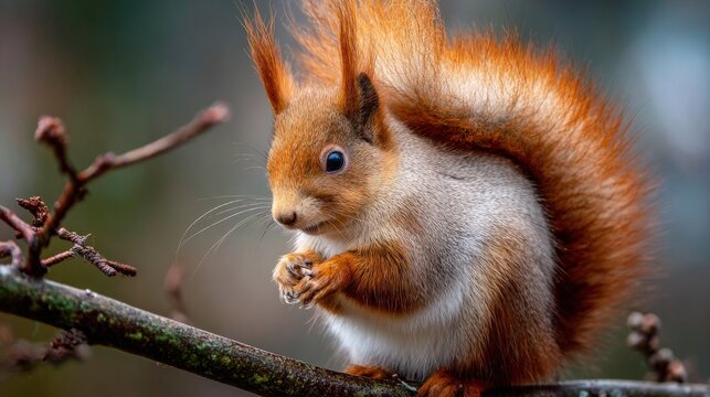 Vector illustration of a cute red squirrel sitting on a tree branch while eating a nut, woodland wildlife animal artwork for forest, nature, and ecological design projects