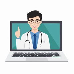 パソコン画面の中で解説する医者のベクターイラスト素材