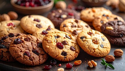 Assorted cookies on round tray and scattered surface