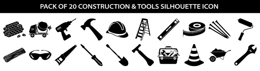 pack of 20 construction and tools silhouette icons, featuring a cement mixer, drill, hammer, hard hat, ladder, measuring tape, and wrench